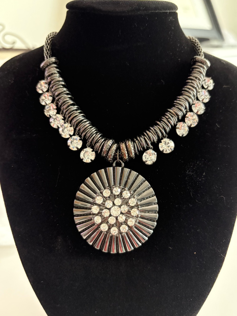 Gunmetal Crystal Pendant Statement Necklace